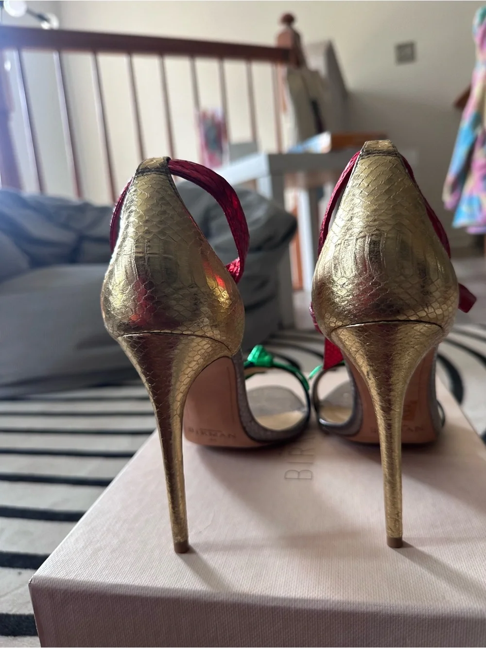 Alexandre Birman Metallic Silver Heels with Red & Green Bows